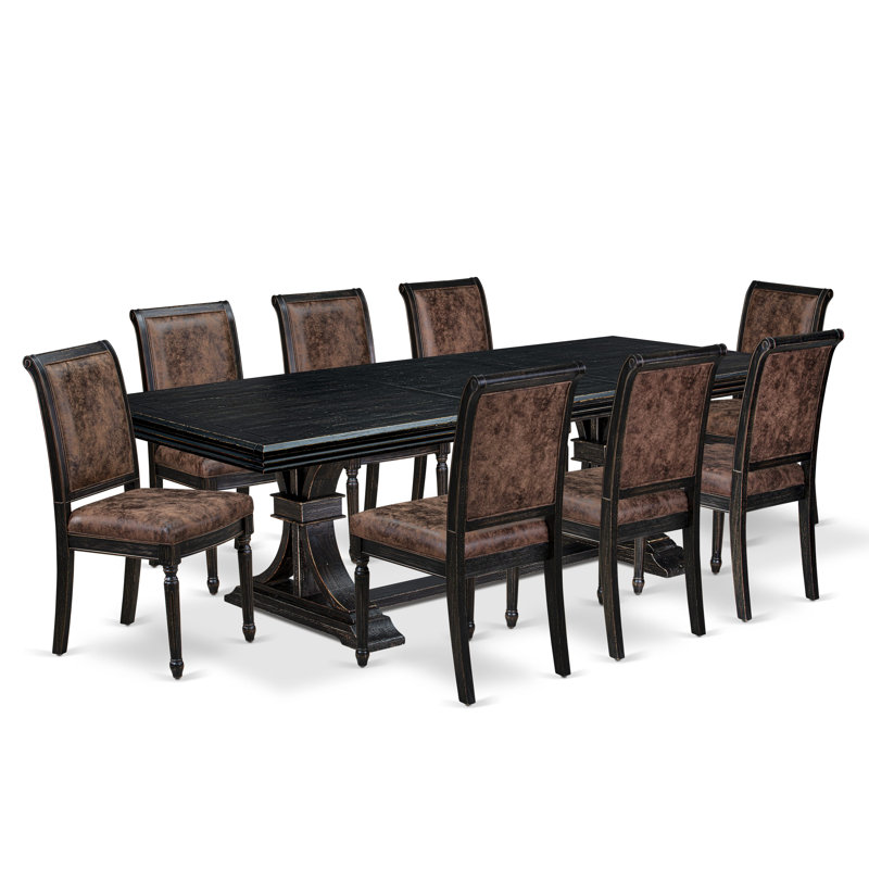 9-piece Kitchen Table Set includes a Modern Dining Table and 8 Brown Textured PU Leather Dinner Chairs with High Back - Sand Blasting Black Finish