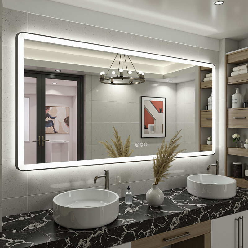 Lunara Independent Dual Backlit&Front Lights LED Wall Mirror, Rounded Corner Matte Black Metal Framed Bathroom Mirror with Tempered Glass