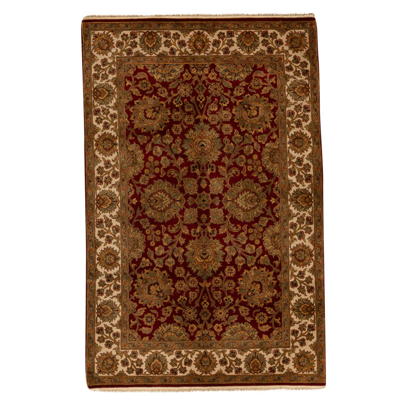 Tapis rouge / ivoire / brun en laine noué à la main de conception unique 6 pi 1 po x 9 pi 4 po