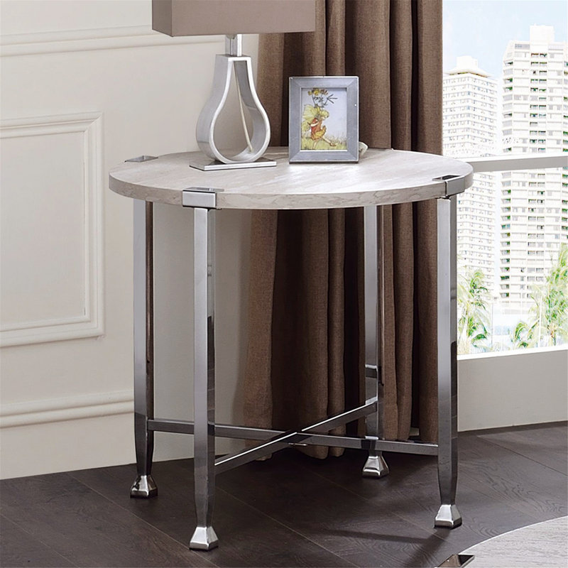 Table de bout en chêne blanc et chrome avec base en forme de X