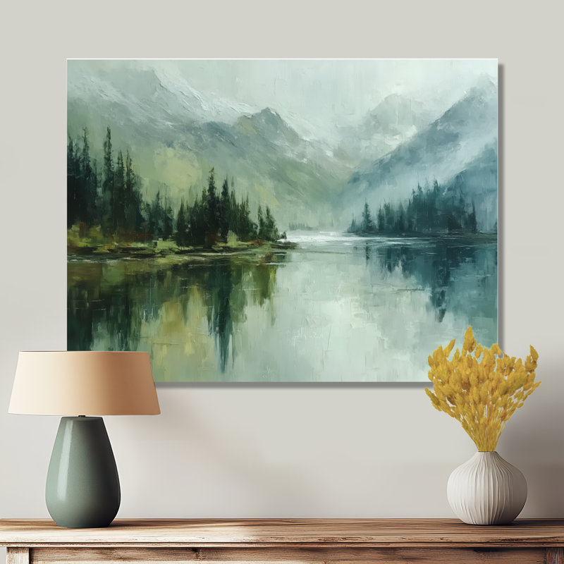 «Green Black Lake Breeze Sunrise Mist», reproduction d'art sur toile, paysage vert, H 24 po x l 32 po, Toile tendue