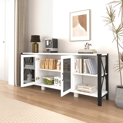 Meuble télé industriel de 80 po pour la chambre à coucher, blanc, avec suffisamment d'espace de rangement, armoire de rangement en métal et en bois