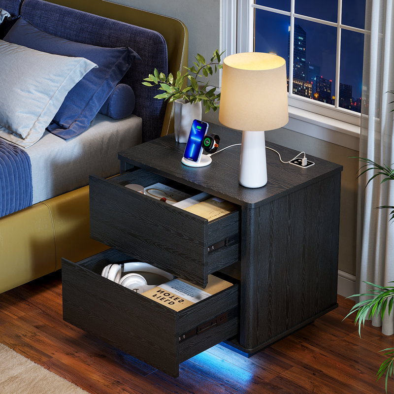 2-Drawer Minimalist Nightstand With 3-Color Sensor Light, Black