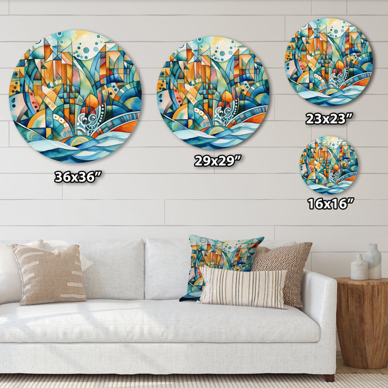 «Blue and orange», art mural rond abstrait géométrique sur métal, H 29 po x l 29 po x P 1 po