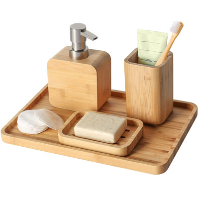 4Pcs Handmade Bamboo Sink & Bathroom Accessories Set Retro Set, Natural, Soap Dish Holder , Organiser Tray for Hotel, House, Office