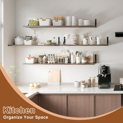 Grandes tablettes murales, l 31,5 po x P 8 po, longues tablettes flottantes, grande tablette en bois à fixation murale avec supports en métal robustes pour livres de chambre à coucher, salon, cuisine, brun rustique