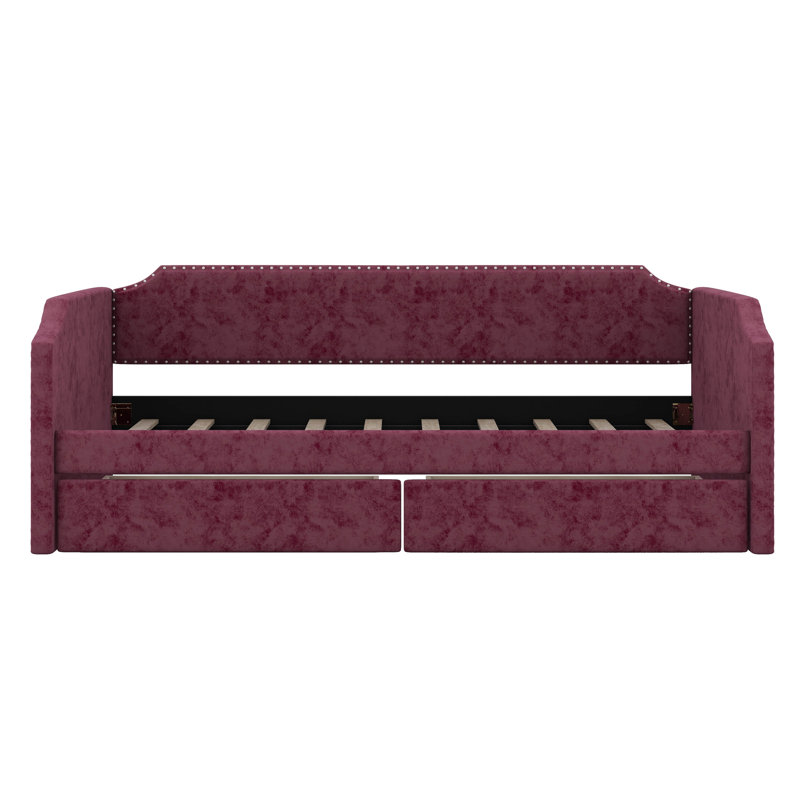Lit de jour avec 2 tiroirs, lit tapissier en velours, canapé-lit tapissier pour chambre d'amis, Wine Red