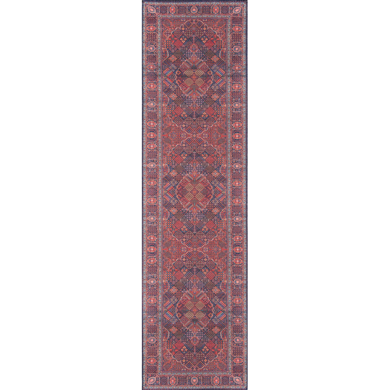 Tapis oriental rouge / bleu marine, Tapis de couloir 2 pi 3 po x 7 pi 6 po