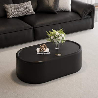 Table basse de rangement ovale cachée 33,46 po - Plateau en verre trempé certifié 3C et cuir noir de qualité supérieure, table basse de rangement moderne
