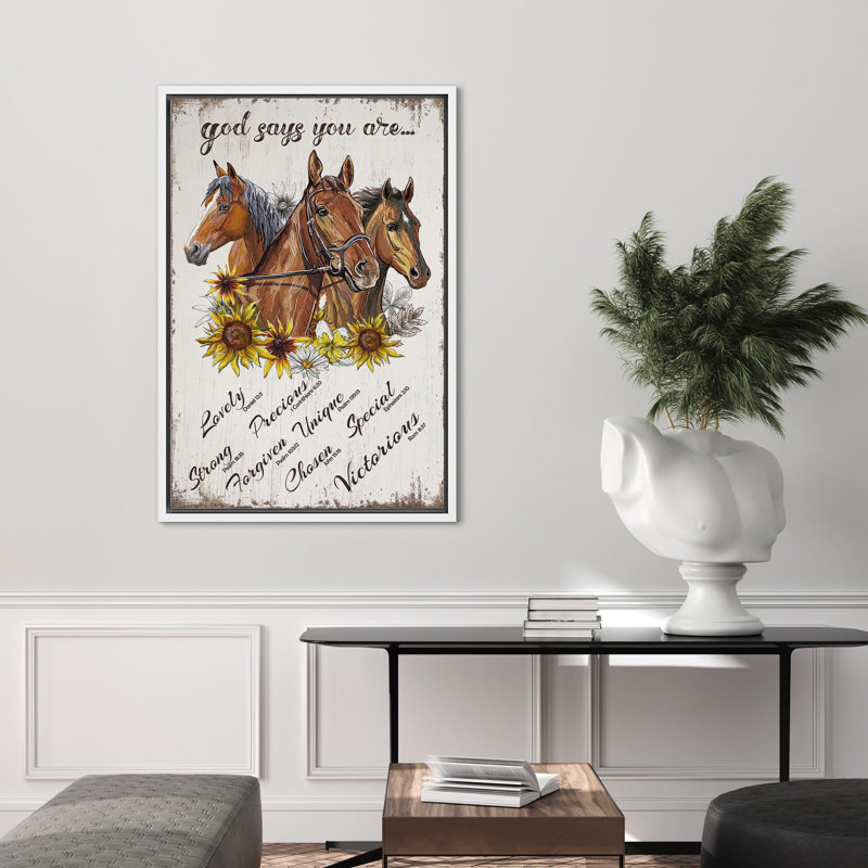 «Courir les chevaux», «Divine God Says You Are with Horse», impression sur cadre flottant sur toile, Blanc