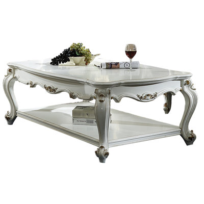 Graceful Antique Pearl Coffee Table With Rectangular Top And Extra Shelf Finish Design For Organization