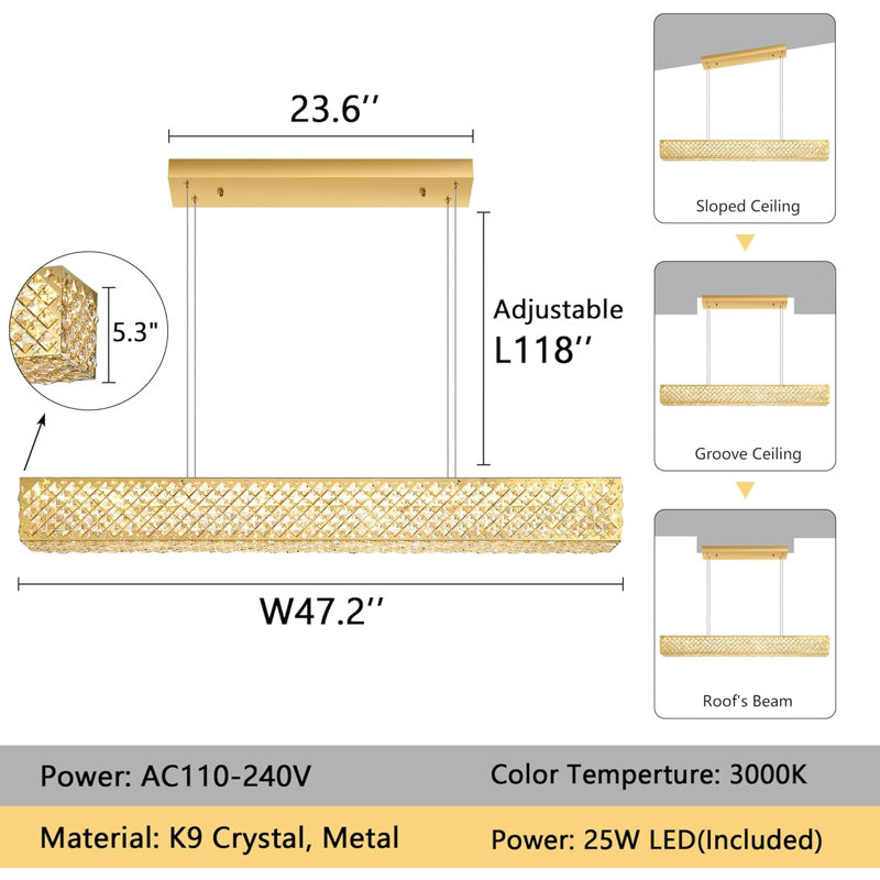 Glam Rectangular Dimmable Led Crystal Chandelier, Gold
