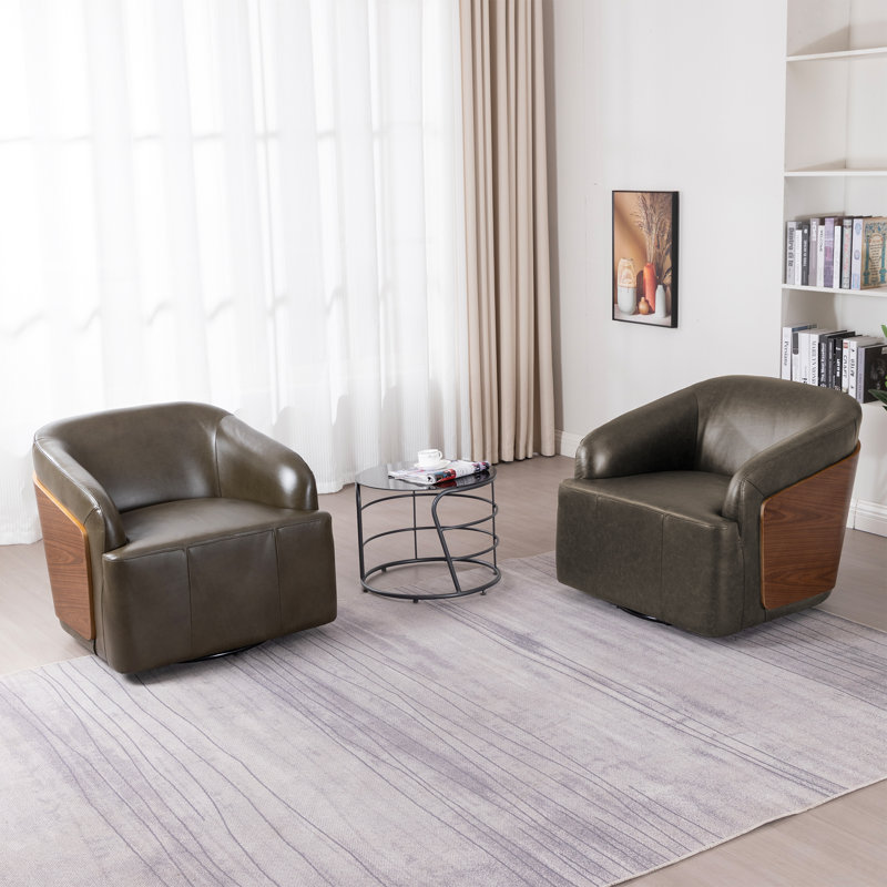 Genuine Leather Swivel Barrel Chair(Set Of 2), Olive Green