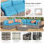 Ensemble de patio 7 pièces en osier gris avec coussins amovibles bleu clair et table basse en verre pour l'extérieur, la piscine et la cour