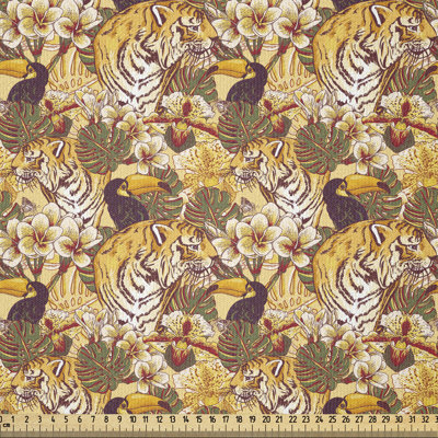 Tissu tigre près de la cour, animaux tropicaux du Bengale et toucan, nature harmonieuse, carré
