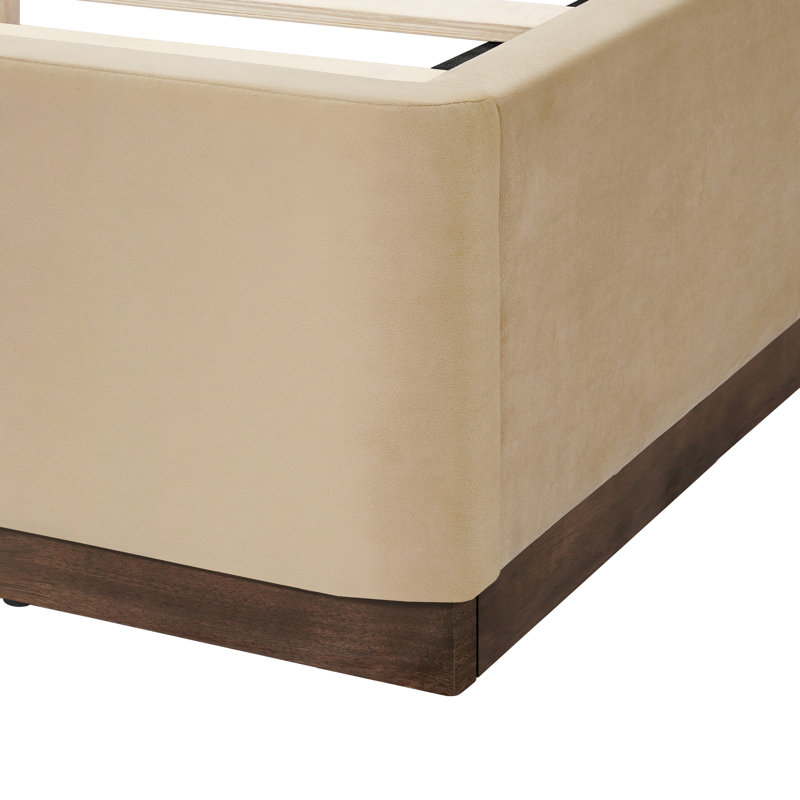 Modern Contemporary Velvet Upholstered Platform Bed with Curved Headboard and Solid Wood Base, Queen
