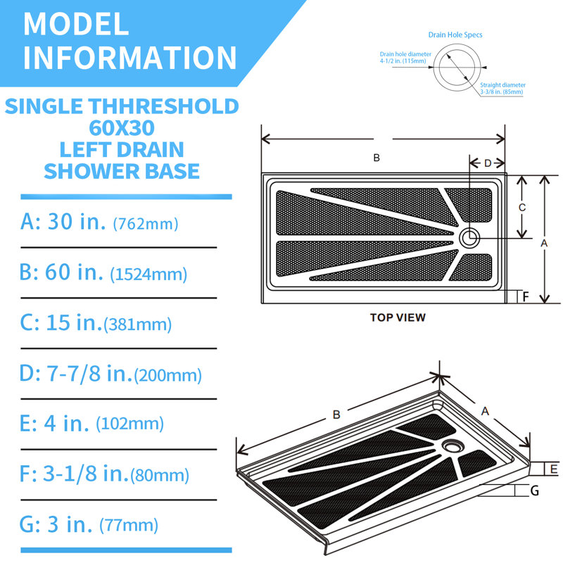 60" x 30" Rectangular Acrylic Single Threshold Shower Base with Right Drain - Triple Flange Alcove Shower Pan with Slip-Resistant Floor