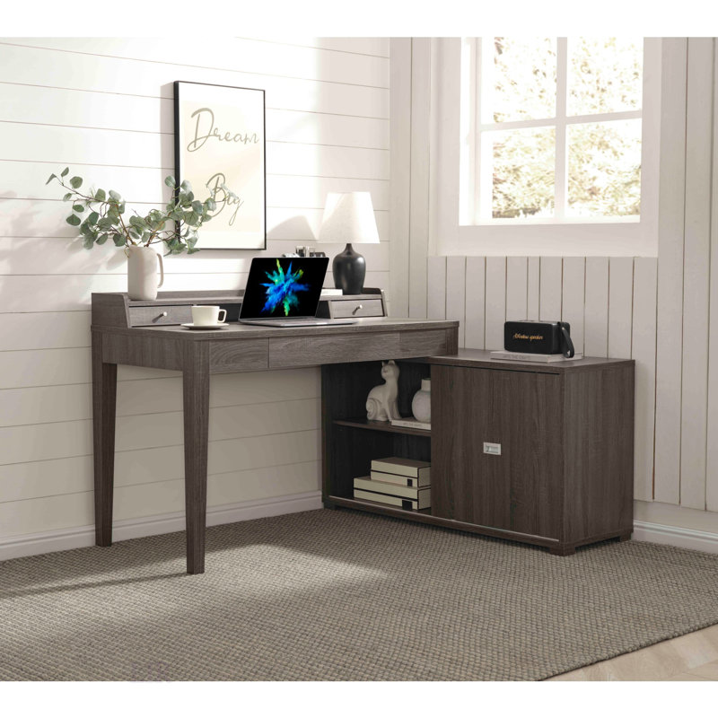 Bureau de poste de travail en L avec mini huche grise, porte coulissante et quincaillerie en aluminium