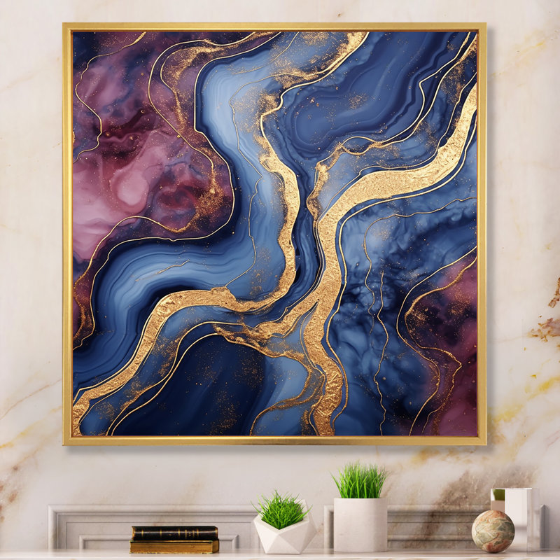Essence de marbre abstrait bleu et or II - décoration murale en marbre, Cadre flottant doré, H 30 po x l 30 po x P 1,5 po