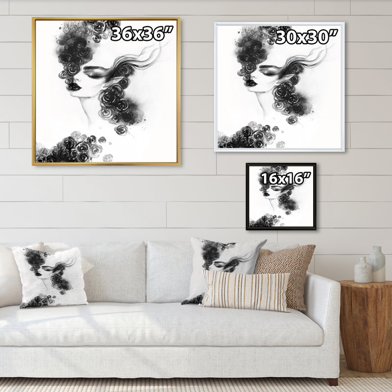 «Black and White Glam Woman Portrait II», reproduction d'art sur toile, H 36 po x l 36 po x P 1,5 po, Cadre flottant blanc