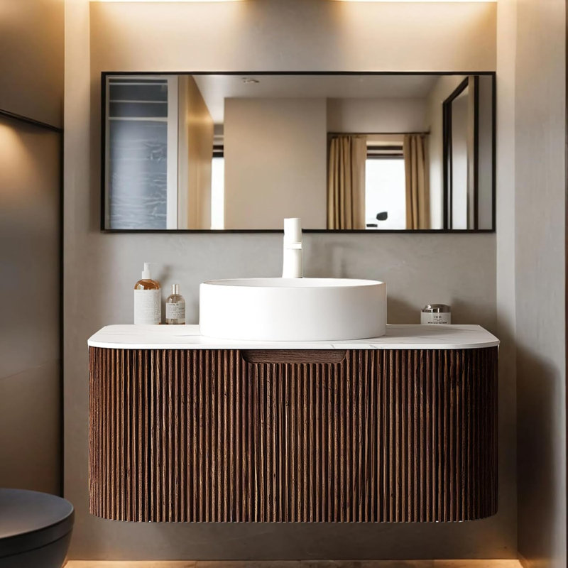 Floating Bathroom Vanity with Sink, Ceramic Basin and Marble Top, Large Drawer, Pre-Assembled, 36