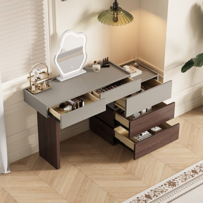 39" Mid Century Makeup Vanities With 5 Drawers, Gray & Brown Solid Wood for Bathroom, Not Assembled Need