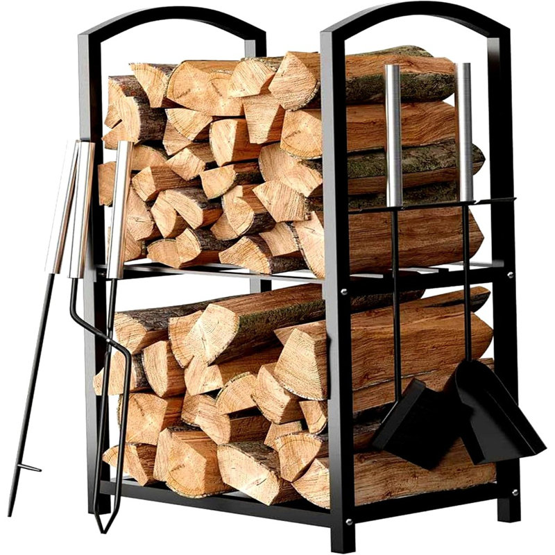 Support à bois de chauffage intérieur / extérieur à 2 niveaux avec ensemble d'outils de foyer, brosse, pelle, tisonnier, pinces - support à bûches en acier imperméable, poêle en fer forgé noir - 17 x 12 x 29