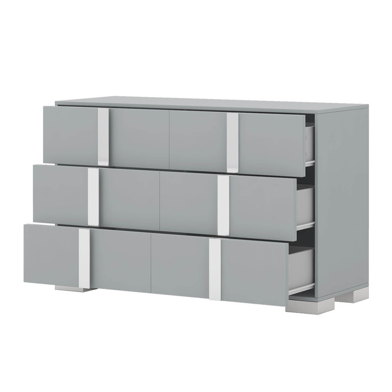 Commode moderne avec poignée en métal, 6 tiroirs, Gris / Gris