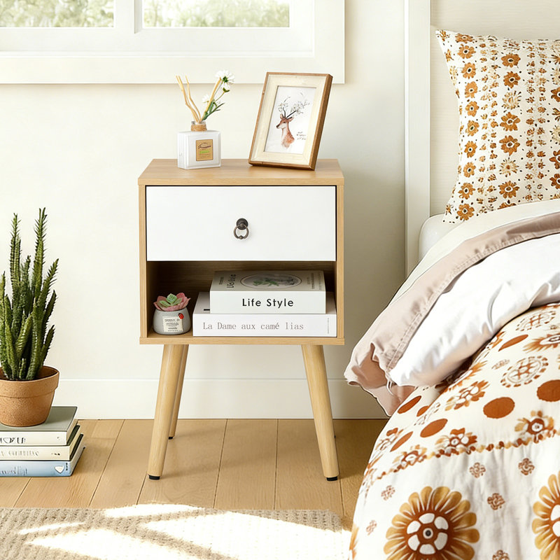 15.0" White & Oak Nightstand, P2 Particleboard & Solid Legs, Matte Melamine, Ring Handle, 1 Drawer, Oak/White