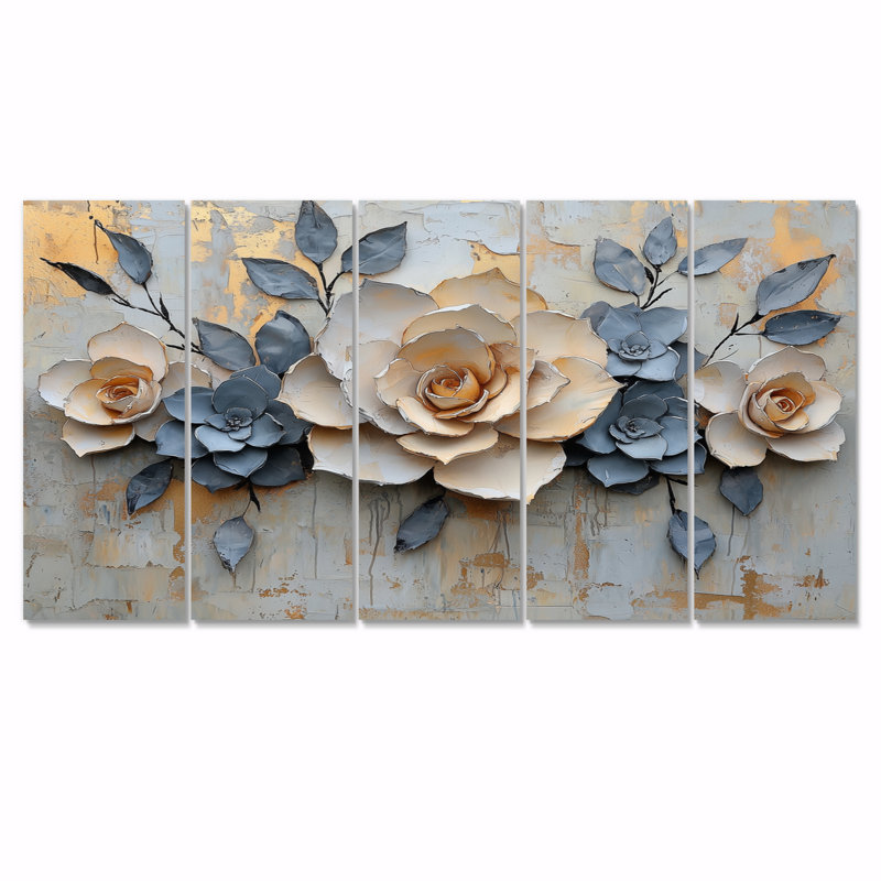 Couronne minimaliste de pétales de roses et de roses - Art mural roses - Art mural moderne sur toile, H 32 po x l 80 po, 5