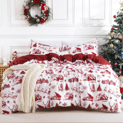 Christmas Duvet Cover Set - Reversible Forest & Snowflake Holiday Print, Soft Microfiber Comforter Cover with 2 Pillow Shams for Queen Bed, 90"x90"; 20"x26"(2)
