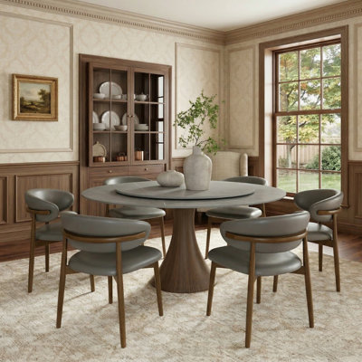 Round Pedestal Swanigan 4/6/8 Seats Dark Walnut & Gray Set With Matte Sintered Stone Lazy Susan