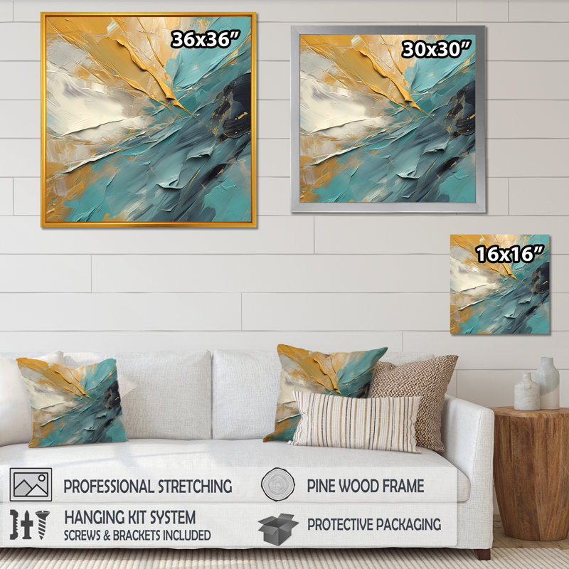 Joy of Peace, peinture abstraite or bleu clair - Art abstrait, 30" H x 30" W, Encadrement argenté
