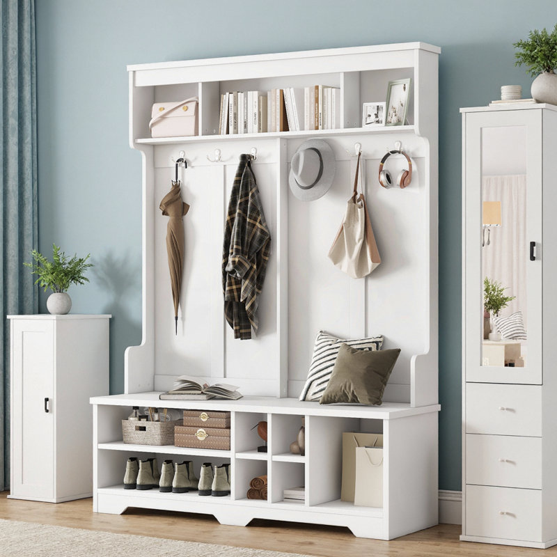 Modern White Hall Tree with Shoe Storage Bench and 6 Metal Hooks, White