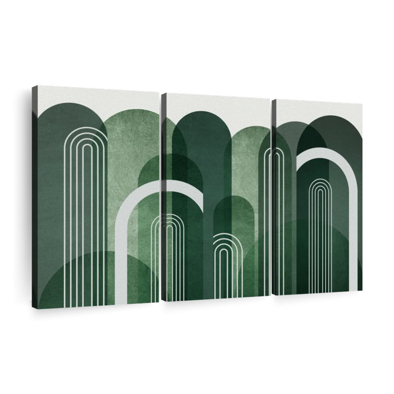 Abstrait géométrique Mid-Century arches vert émeraude sur toile, 3 pièces, H 24 po x l 38 po x P 1 po