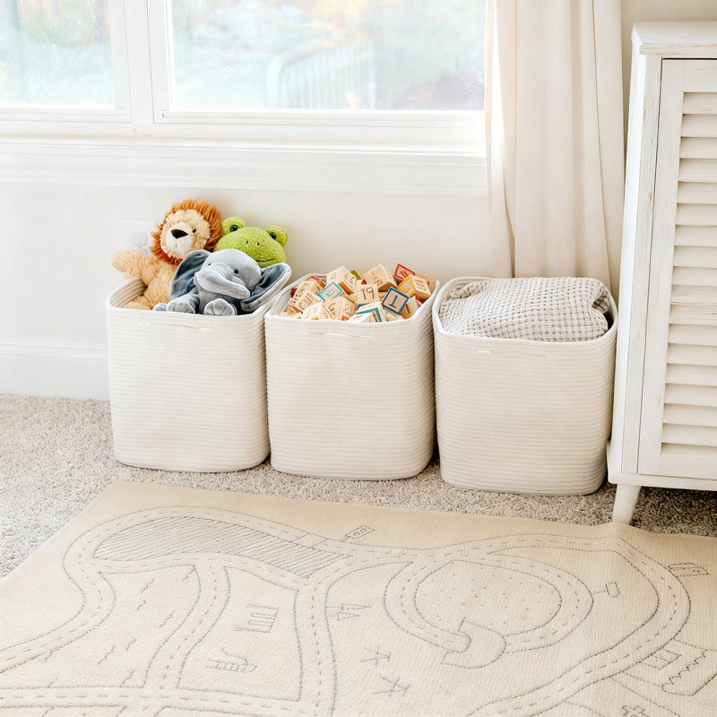 Ensemble de 3 paniers de rangement, paniers de rangement en corde de coton tissé avec poignées renforcées pour les tablettes, le rangement des jouets et l'organisation à la maison