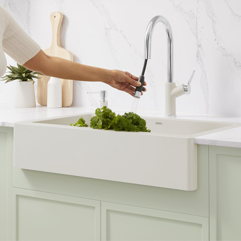 Urbena Pull-Down Dual-Spray Kitchen Faucet, Soft White/Chrome