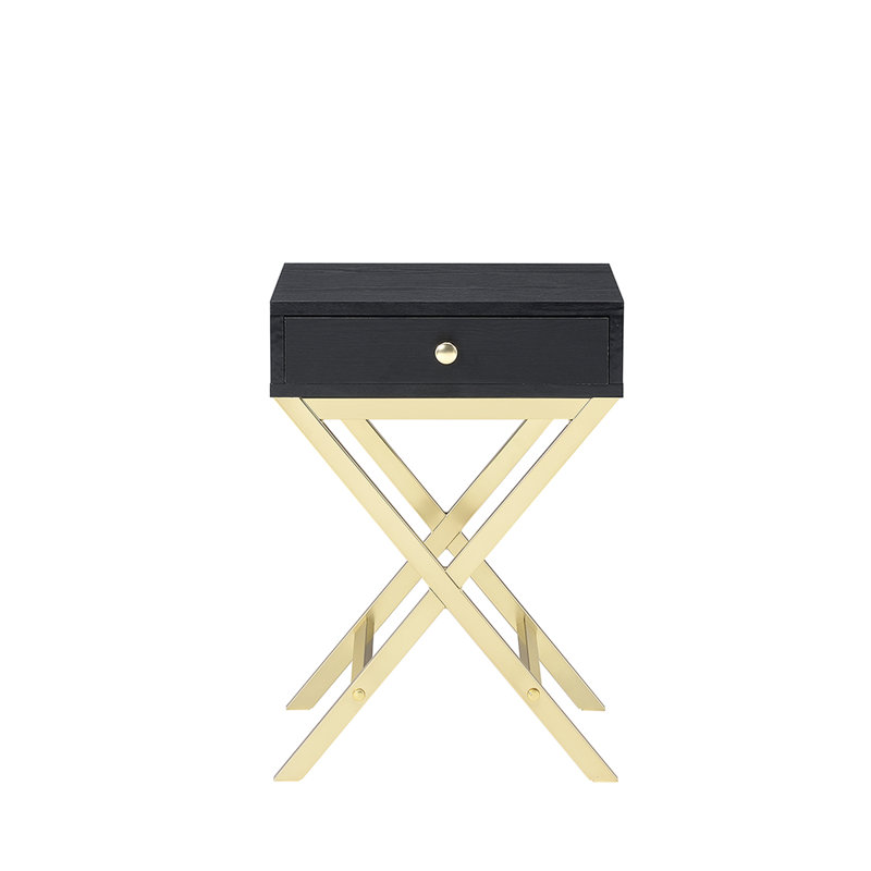 Table d'appoint avec plateau rectangulaire noir et tiroir en placage de tréteaux à base en laiton