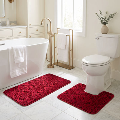 Ensemble de tapis de salle de bain à motif floral, tapis de bain et de toilette 2 pièces, tapis rouge doux, absorbant, antidérapant, tapis de bain lavable à la machine et tapis de toilette contour, 39,5 po x 23,5 po + 20 po x 23,5 po