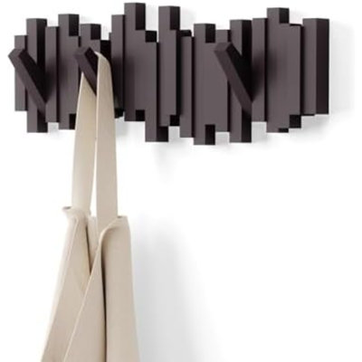 Portemanteau mural Sticks, 5 crochets rétractables, couleur espresso | Fixations incluses, design moderne et sculptural, idéal pour l'entrée ou la chambre, en plastique recyclé