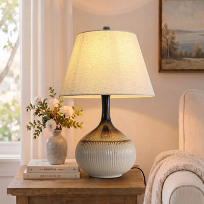 26 In. Modern Ceramic Table Lamp With Linen Shade Desk Lamp For Bedroom Living Room