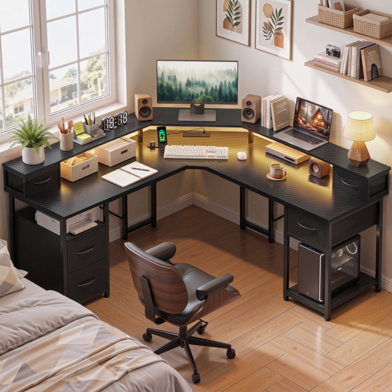 Adjustable Height L-Shaped Steel Computer Desk with Built-In Electrical Outlet, Black