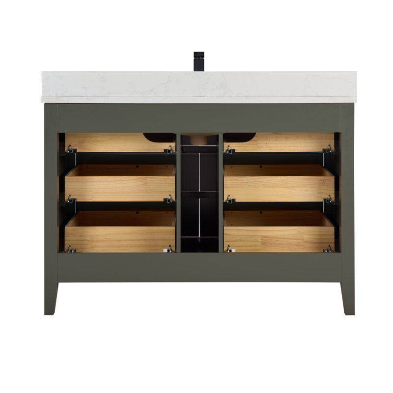 Meuble-lavabo en bois massif 48 po avec comptoir en marbre d'ingénierie 1 po, lavabo simple, Étain, vert, Or rose