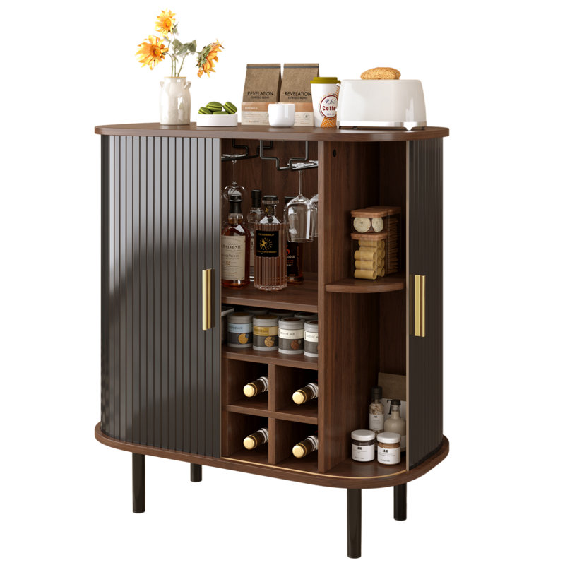 Fluted Wine Bar Cabinet with Adjustable Shelves,Wine Rack,and Hidden Storage for Modern Living Spaces, Black