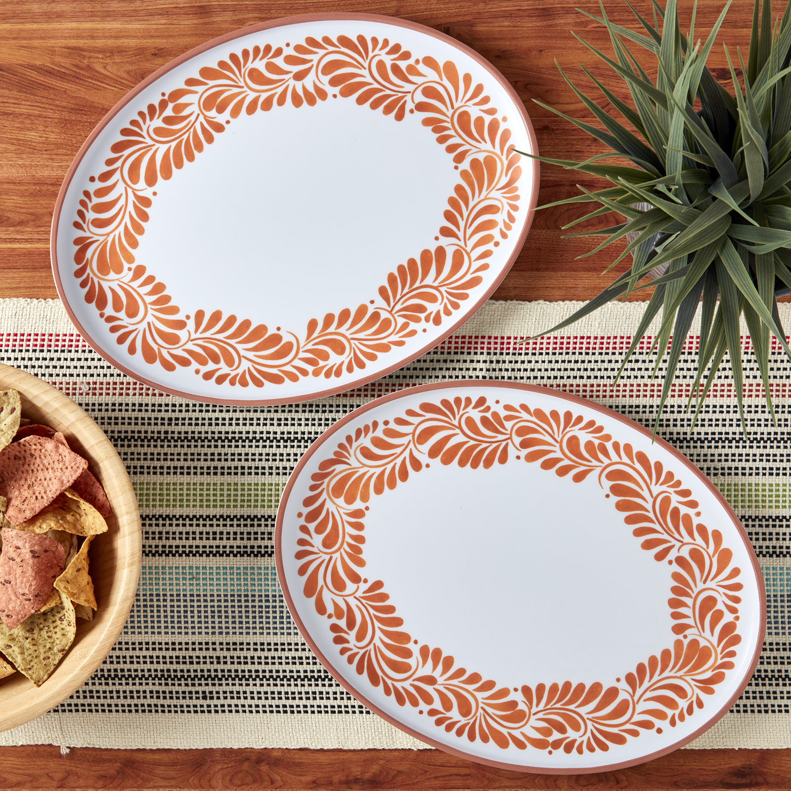 INFUSE 2-Piece Melamine Oval Platter Set, Lebrillo, White/Orange