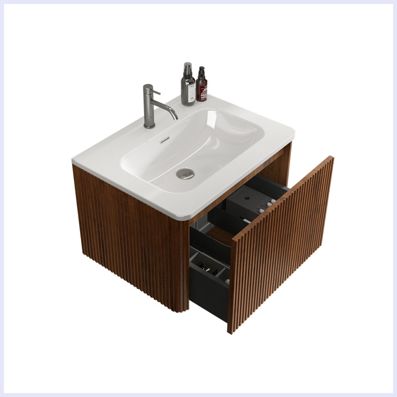 Modern Bathroom Vanity with White Ceramic Sink, Walnut