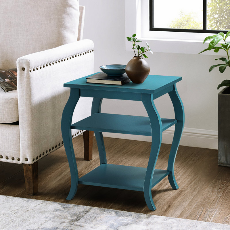 Table d'appoint turquoise à 2 étagères, pieds, grand espace de rangement, décoration, carré, étagères ouvertes au bout du meuble, objets décoratifs élégants, pièce