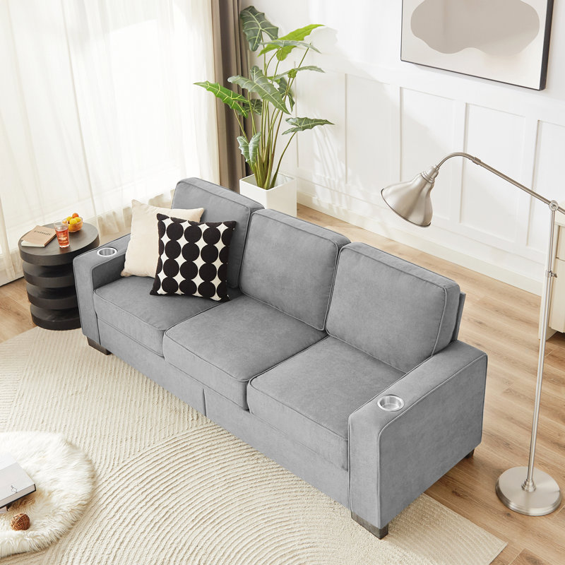 84.25"W 3-Seat Sofa with Cupholder, Grey Fabric