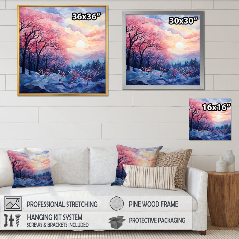 Tonalism Misty Mountain Peaks - Forest Wall Art Prints, Cadre flottant doré, H 24 po x l 24 po x P 1 po