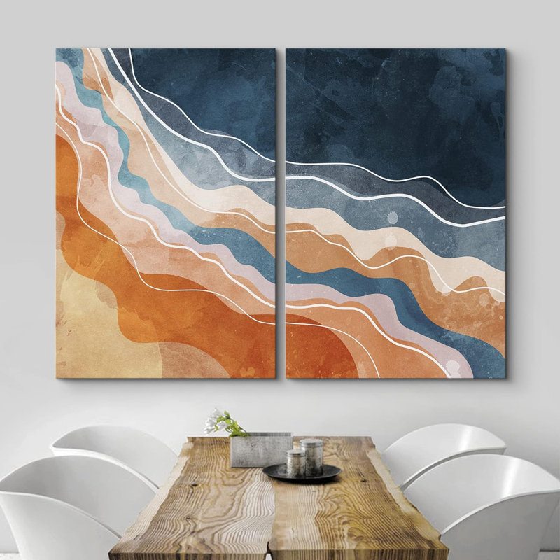 Reproduction de formes abstraites sur toile à motif d'aquarelle bleu marine, orange et blanc, 2 pièces, Toile tendue
